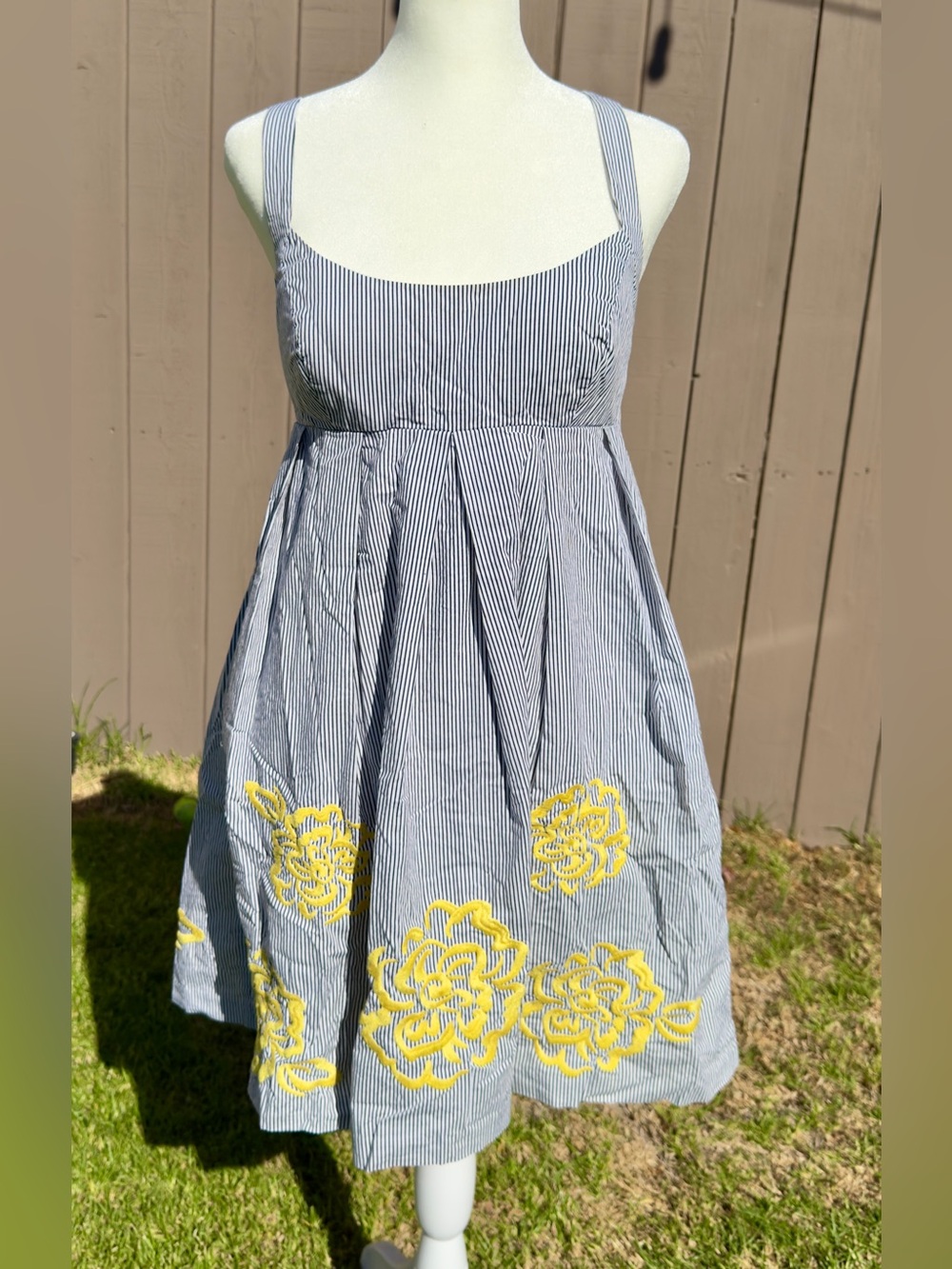 INC Striped Sundress with Yellow Floral Embroidery